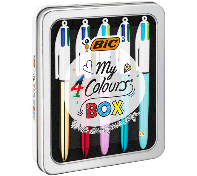 Balpen Bic 4kleuren My Bic medium assorti blik à 5 stuks