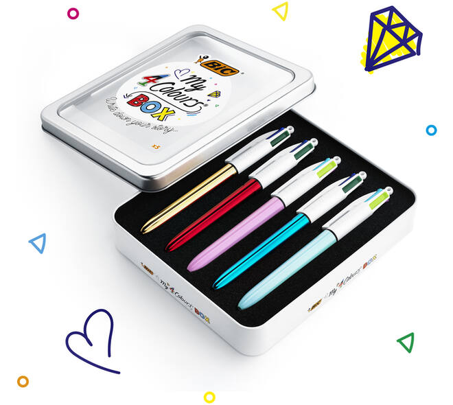 Balpen Bic 4kleuren My Bic medium assorti blik à 5 stuks