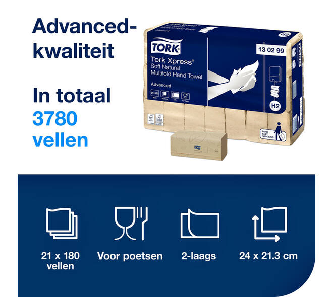 Handdoek Tork H2 Xpress Advanced multifold 2-laags 213x240mm 21x180 vel naturel 130299