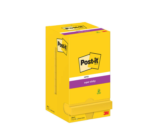 Memoblok Post-it 654 Super Sticky 76x76mm ultrageel 12 stuks
