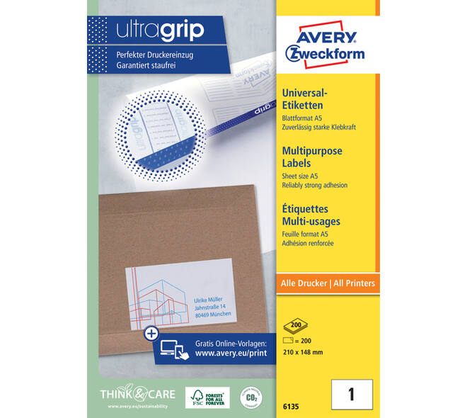 Etiket Avery 6135 210x148mm wit 200 stuks