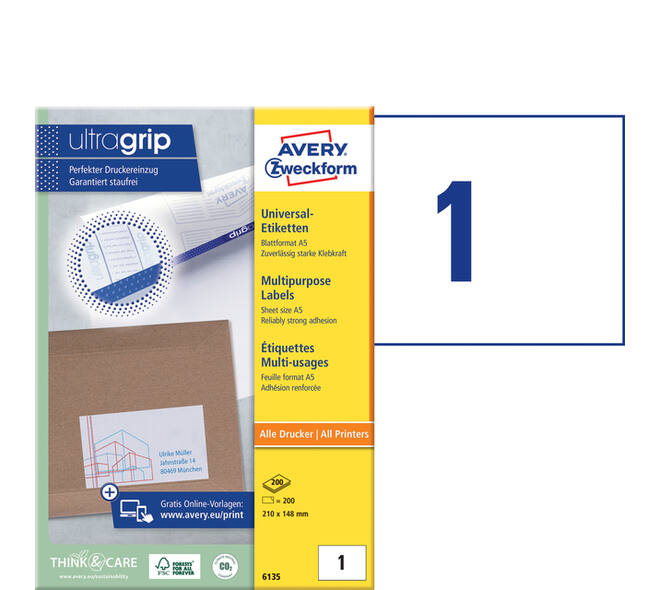 Etiket Avery 6135 210x148mm wit 200 stuks