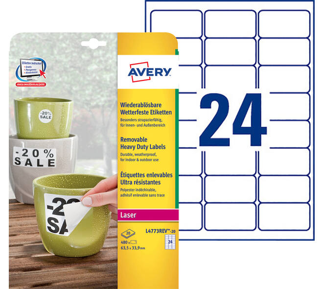 Etiket Avery L4773REV-20 63.5x33.9mm wit 480 stuks