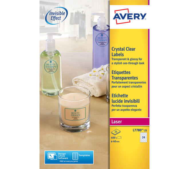 Etiket Avery L7780-25 rond 40mm transparant 600 stuks