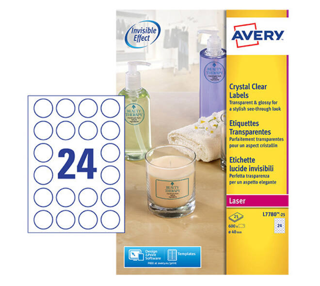 Etiket Avery L7780-25 rond 40mm transparant 600 stuks