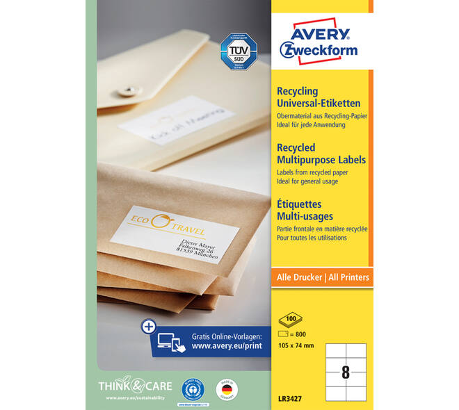 Etiket Avery LR3427-100 105x74mm recycled wit 800 stuks