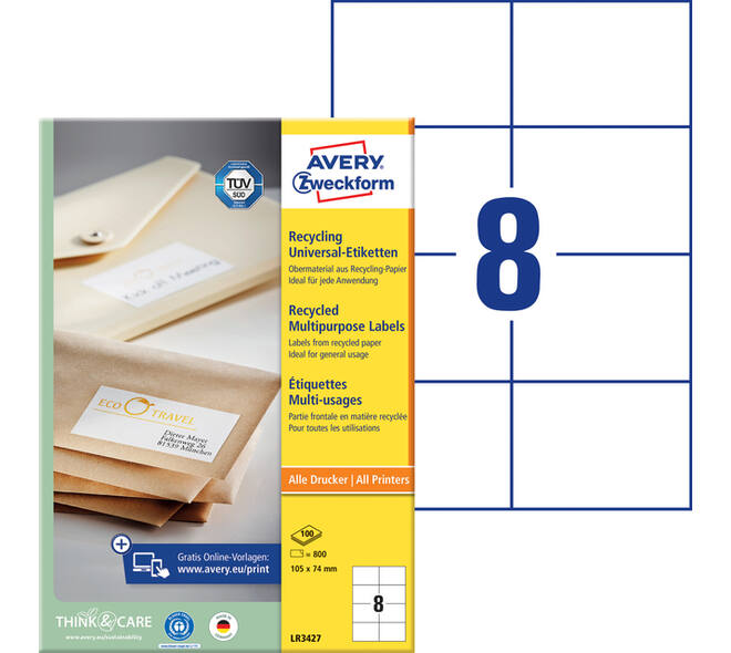 Etiket Avery LR3427-100 105x74mm recycled wit 800 stuks
