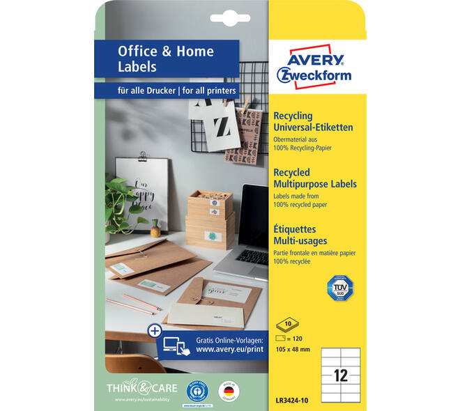 Etiket Avery LR3424-10 105x48mm recycled wit 120 stuks