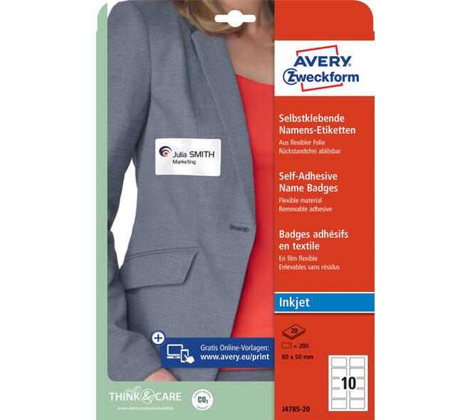 Naambadge etiket Avery J4785-20 80x50mm wit 200 stuks