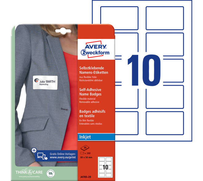 Naambadge etiket Avery J4785-20 80x50mm wit 200 stuks