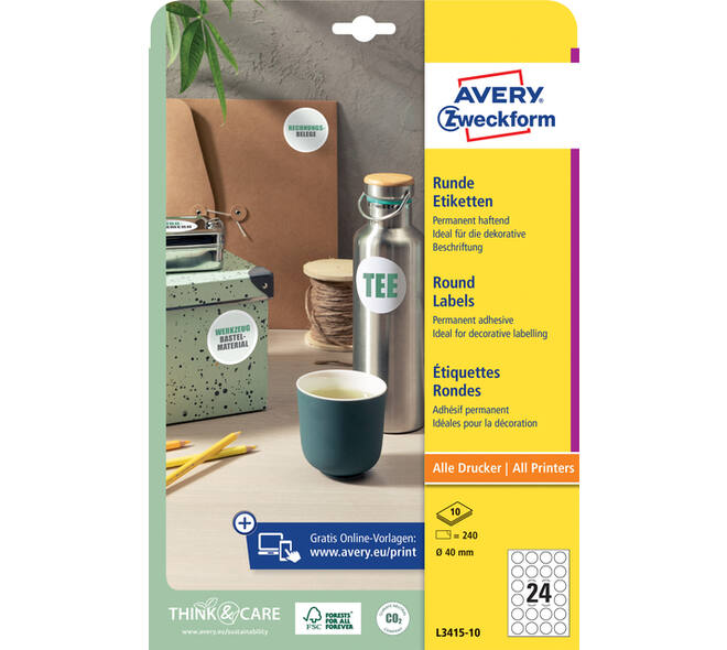Etiket Avery L3415-10 rond 40mm wit 240 stuks