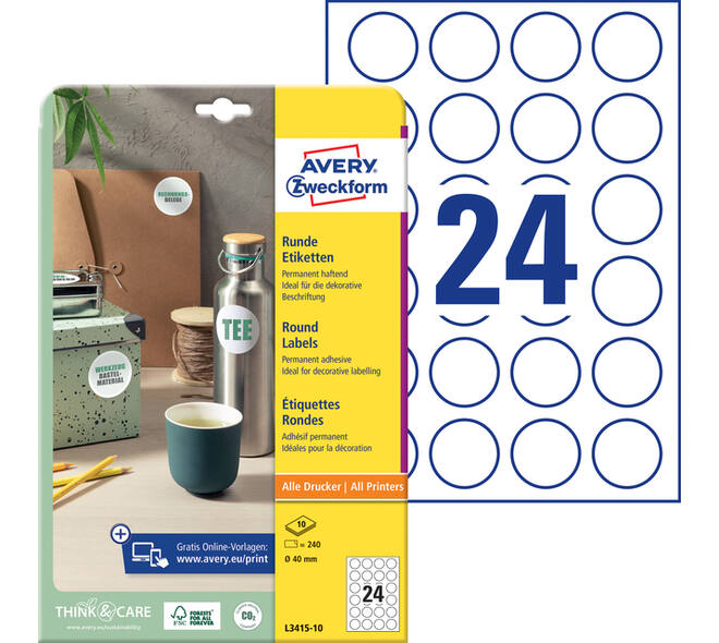 Etiket Avery L3415-10 rond 40mm wit 240 stuks