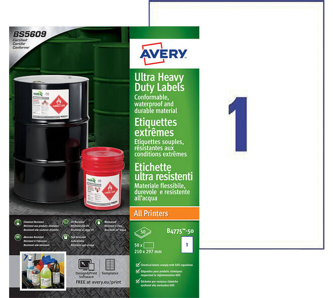 Etiket Avery B4775-50 210x297mm polyethyleen wit 50 stuks