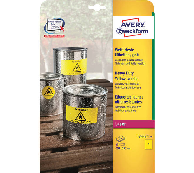 Etiket Avery L6111-20 210x297mm geel 20 stuks