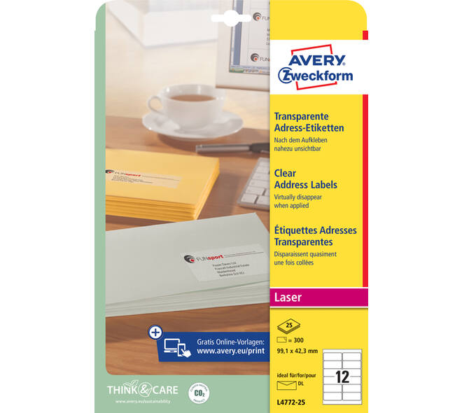 Etiket Avery L4772-25 99.1x42.3 mm transparant mat 300 stuks