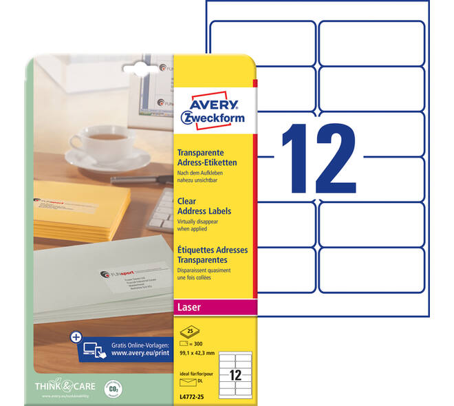 Etiket Avery L4772-25 99.1x42.3 mm transparant mat 300 stuks