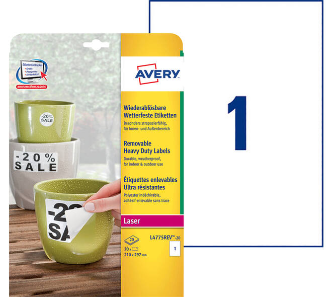 Etiket Avery L4775REV-20 210x297mm wit 20 stuks