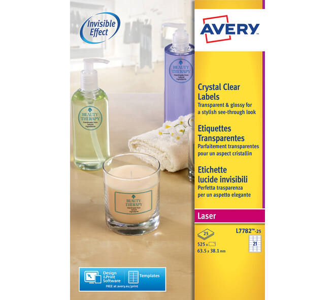 Etiket Avery L7782-25 63.5x38.1mm transparant 525 stuks