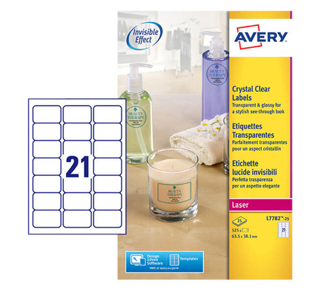 Etiket Avery L7782-25 63.5x38.1mm transparant 525 stuks