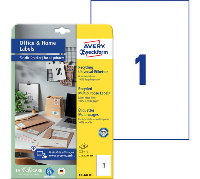 Etiket Avery LR3478-10 210x297mm recycled wit 10 stuks