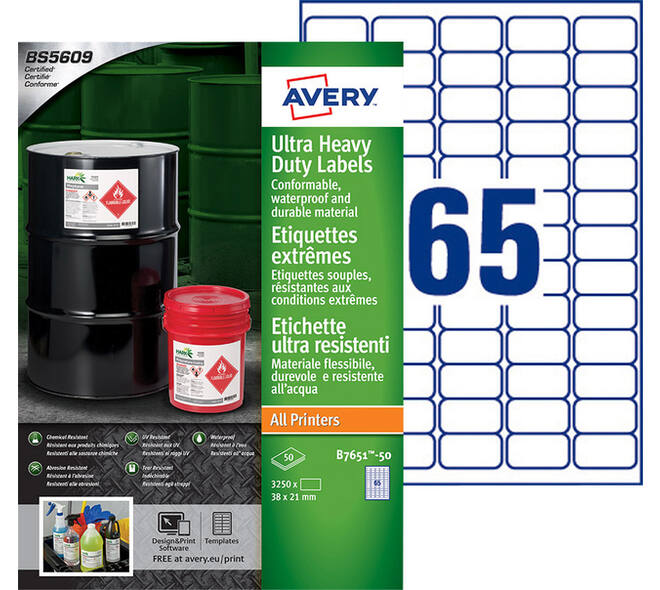 Etiket Avery B7651-50 38x21mm polyethyleen wit 3250 stuks
