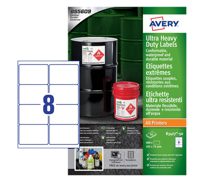 Etiket Avery B3427-50 105x74mm polyethyleen wit 400 stuks