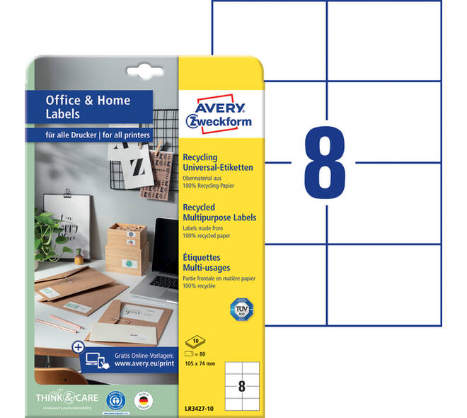 Etiket Avery LR3427-10 105x74 mm recycled wit 80 stuks
