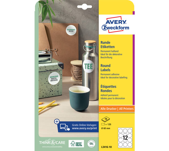 Etiket Avery L3416-10 rond 60mm wit 120 stuks