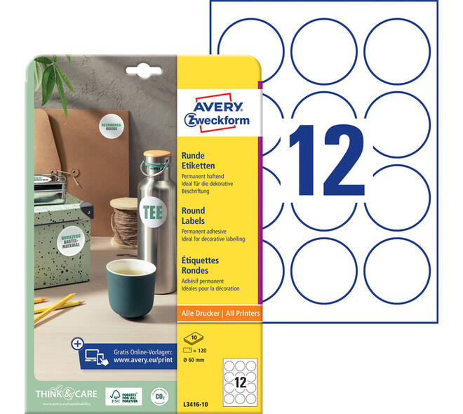 Etiket Avery L3416-10 rond 60mm wit 120 stuks
