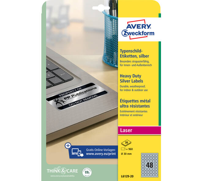 Etiket Avery L6129-20 rond 30mm zilver 960 stuks