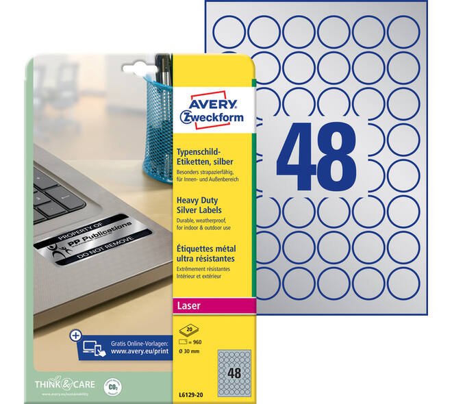 Etiket Avery L6129-20 rond 30mm zilver 960 stuks