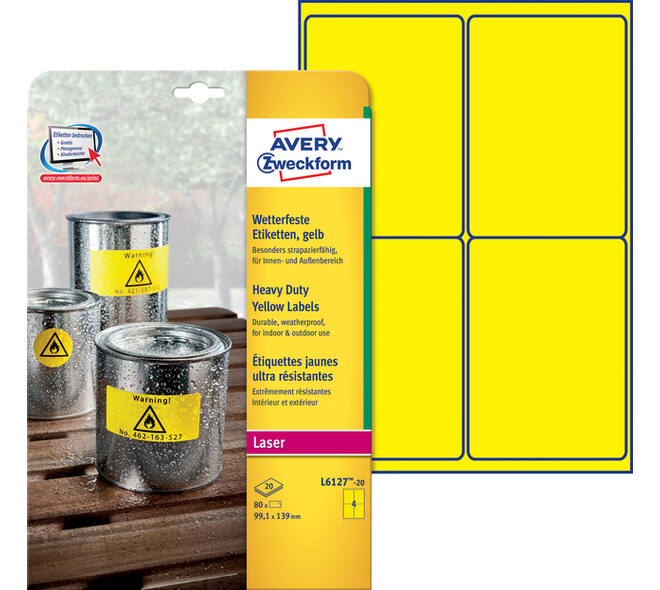 Etiket Avery L6127-20 99.1x139mm geel 80 stuks