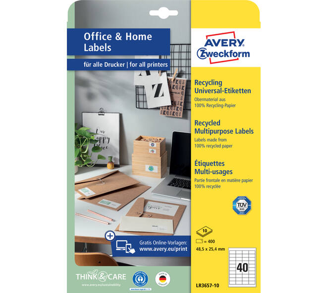 Etiket Avery LR3657-10 48.5x25.4mm recycled wit 400 stuks