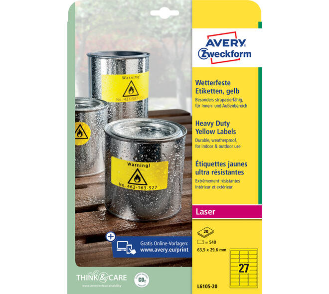 Etiket Avery L6105-20 63.5x29.6mm geel 540 stuks