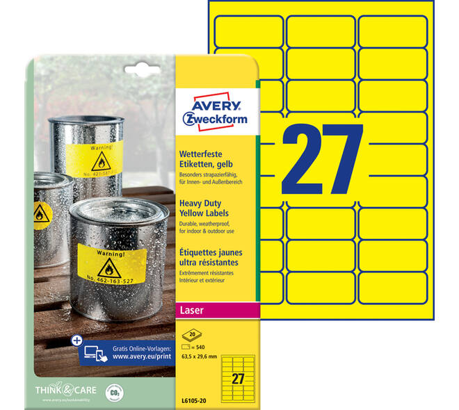 Etiket Avery L6105-20 63.5x29.6mm geel 540 stuks