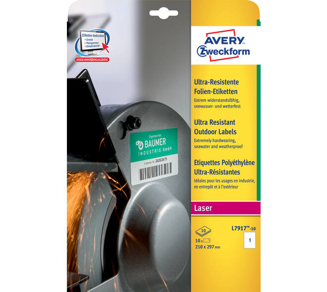 Etiket Avery L7917-10 210x297mm polyethyleen wit 10 stuks