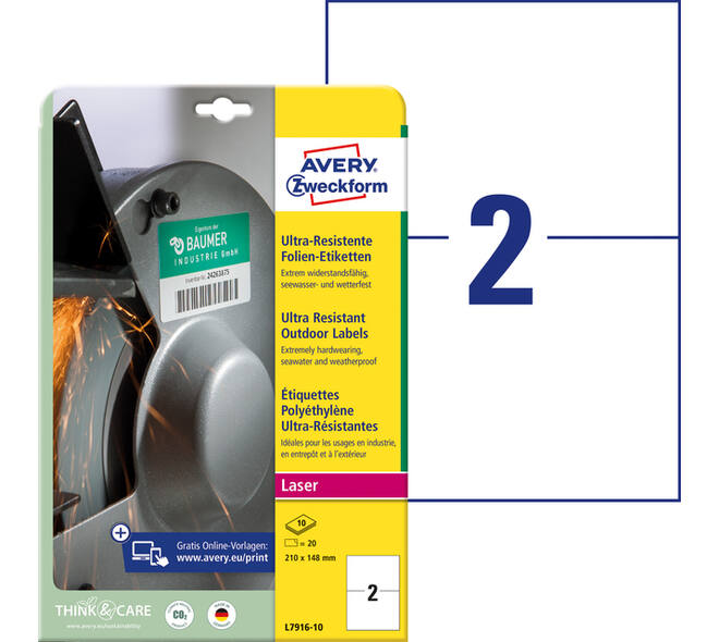 Etiket Avery L7916-10 210x148mm polyethyleen wit 20 stuks