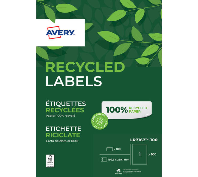 Etiket Avery LR7167-100 199.6x289.1mm recycled wit 100 stuks