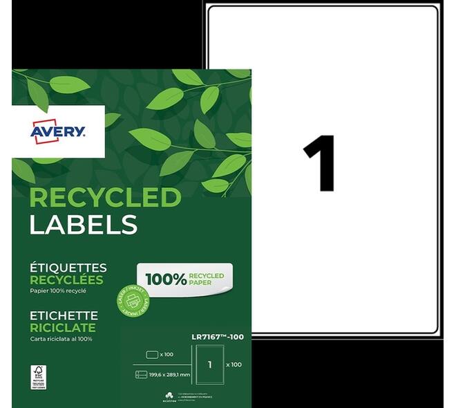 Etiket Avery LR7167-100 199.6x289.1mm recycled wit 100 stuks
