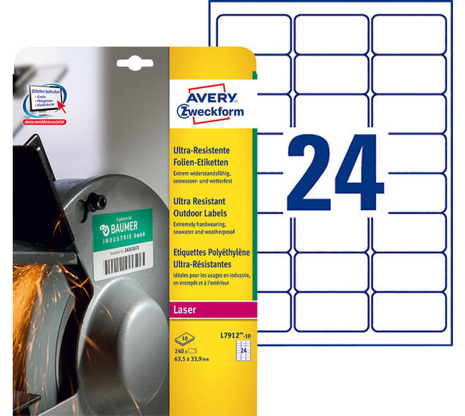Etiket Avery L7912-10 63.5x33.9mm polyethyleen wit 240 stuks