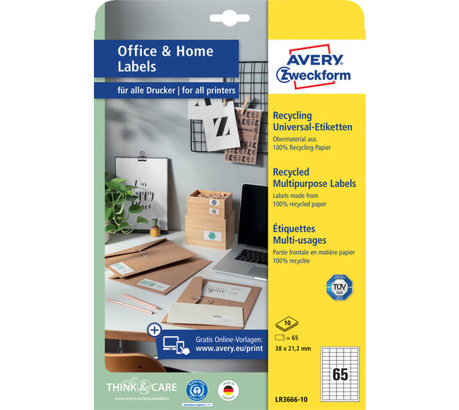 Etiket Avery LR3666-10 38x21.2mm recycled wit 650 stuks