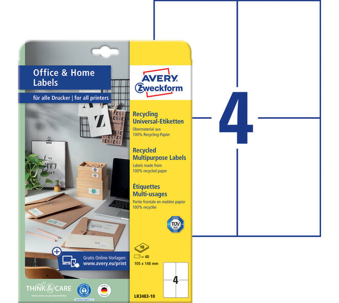 Etiket Avery LR3483-10 105x148mm recycled wit 40 stuks