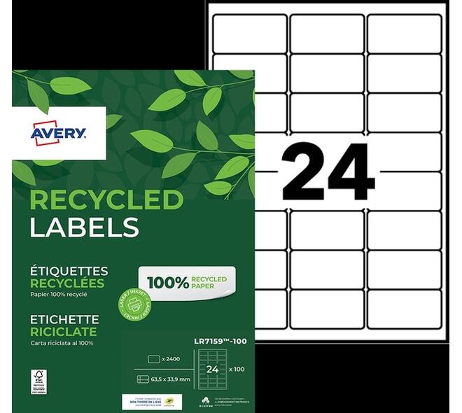 Etiket Avery LR7159-100 63.5x33.9mm recycled wit 2400 stuks