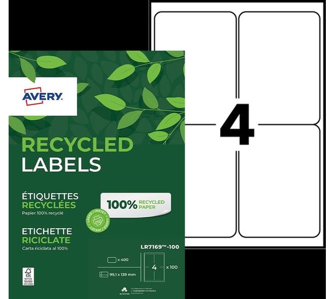 Etiket Avery LR7169-100 99.1x139 mm recycled wit 400 stuks