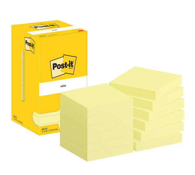 Memoblok Post-it 654 76x76mm geel 12 stuks