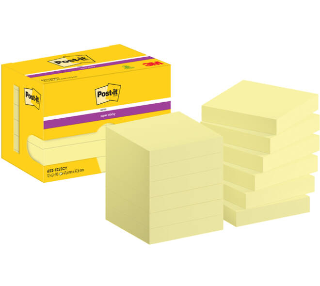 Memoblok Post-it 622 Super Sticky 47,6x47,6mm geel 12 stuks