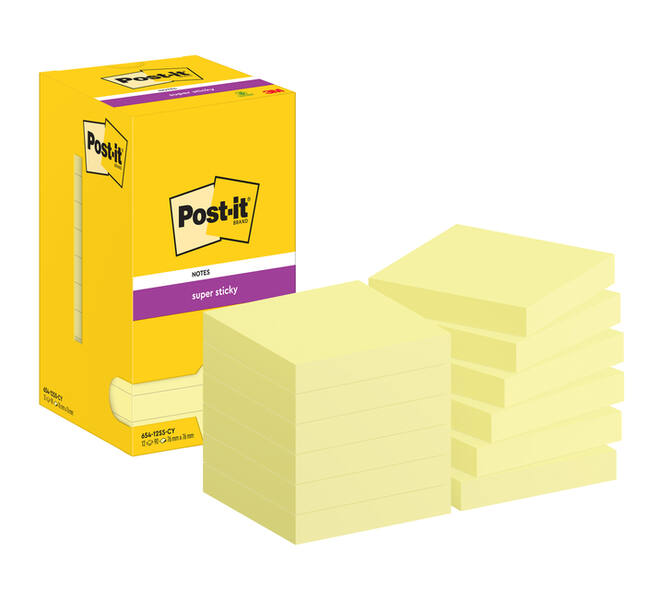 Memoblok Post-it 654 Super Sticky 76x76mm canary yellow 12 stuks