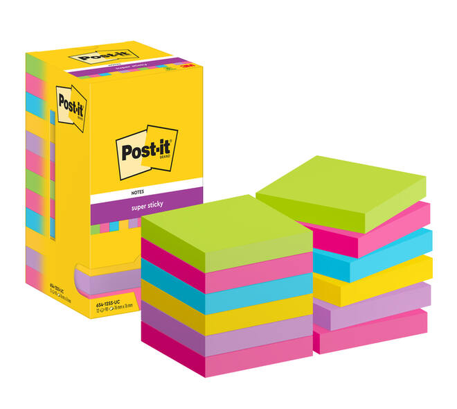 Memoblok Post-it 654 Super Sticky 76x76mm 90 vel rainbow 12 stuks