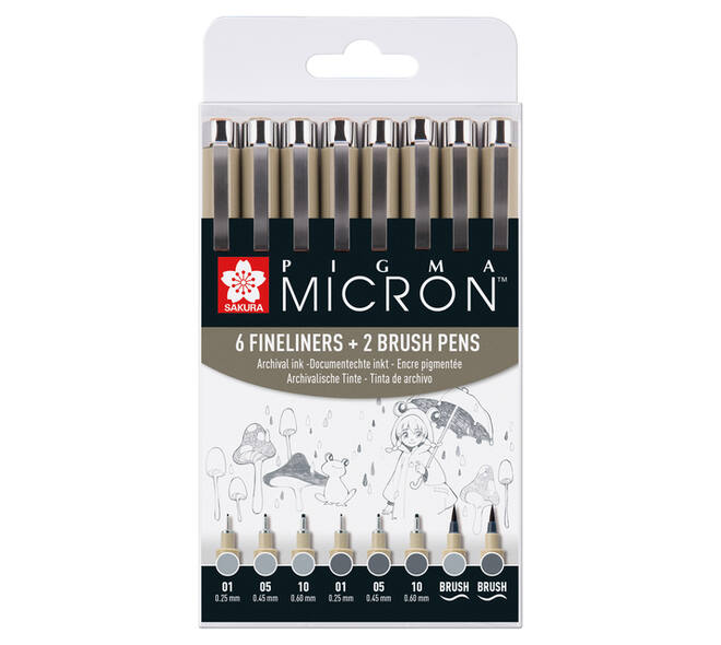 Fineliner Sakura Pigma Micron 6 schrijfbreedtes - 2 brushpen koudgrijs