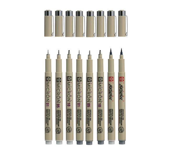 Fineliner Sakura Pigma Micron 6 schrijfbreedtes - 2 brushpen koudgrijs